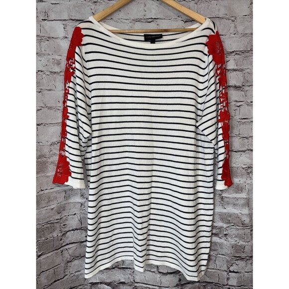 Lane Bryant Stripe 3/4 Sleeve Sweater Tunic Floral Red Lace Sleeve 14/16 - Picture 1 of 4